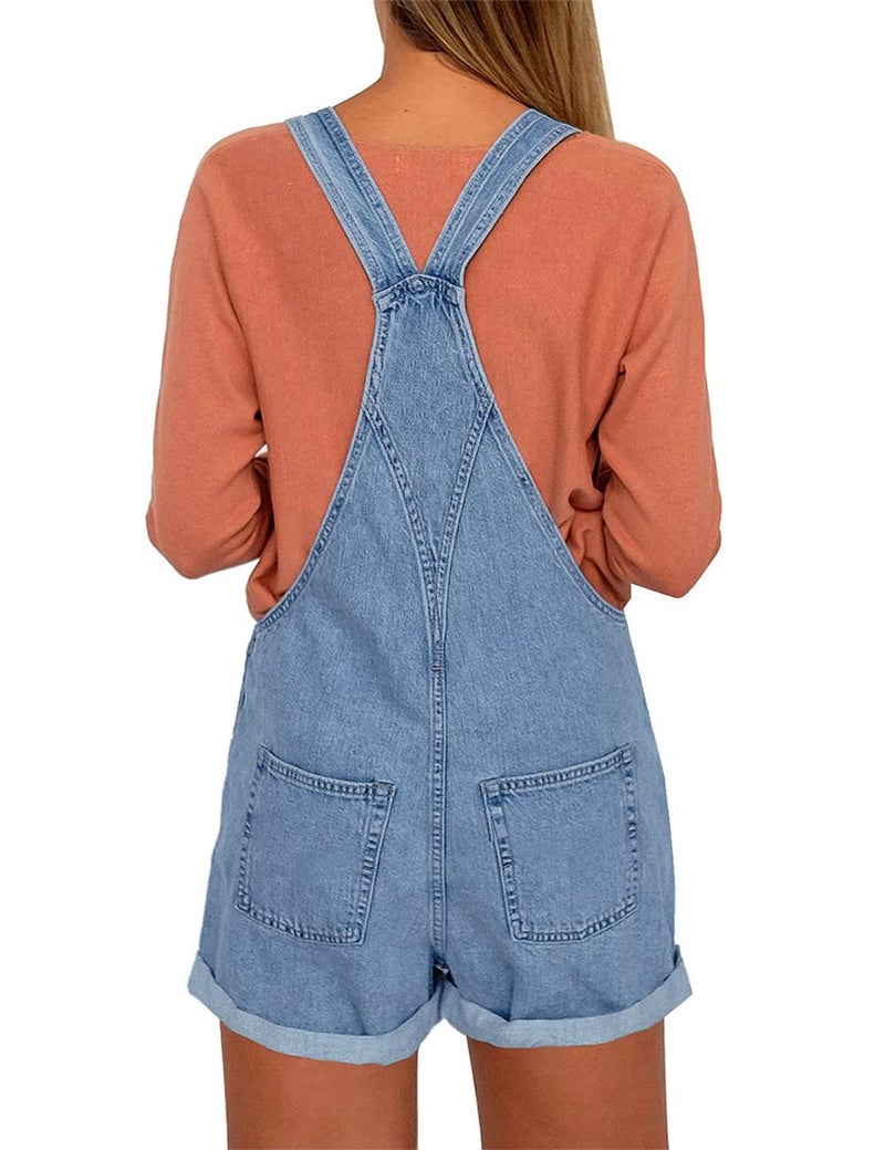 Vetinee Women's Light Blue Classic Adjustable Straps Cuffed Hem Denim Bib Overall Shorts Large - Image 2